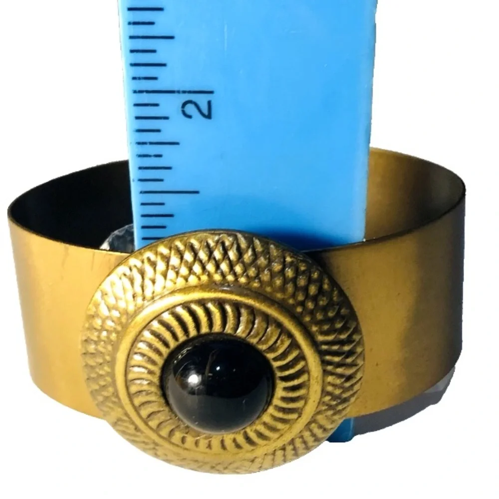Brass Cuff Bracelet with Textured Medallion and Black Onyx Cabochon